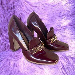 Plum Block Heel Loafers with Gold Chain Detail - Size 8